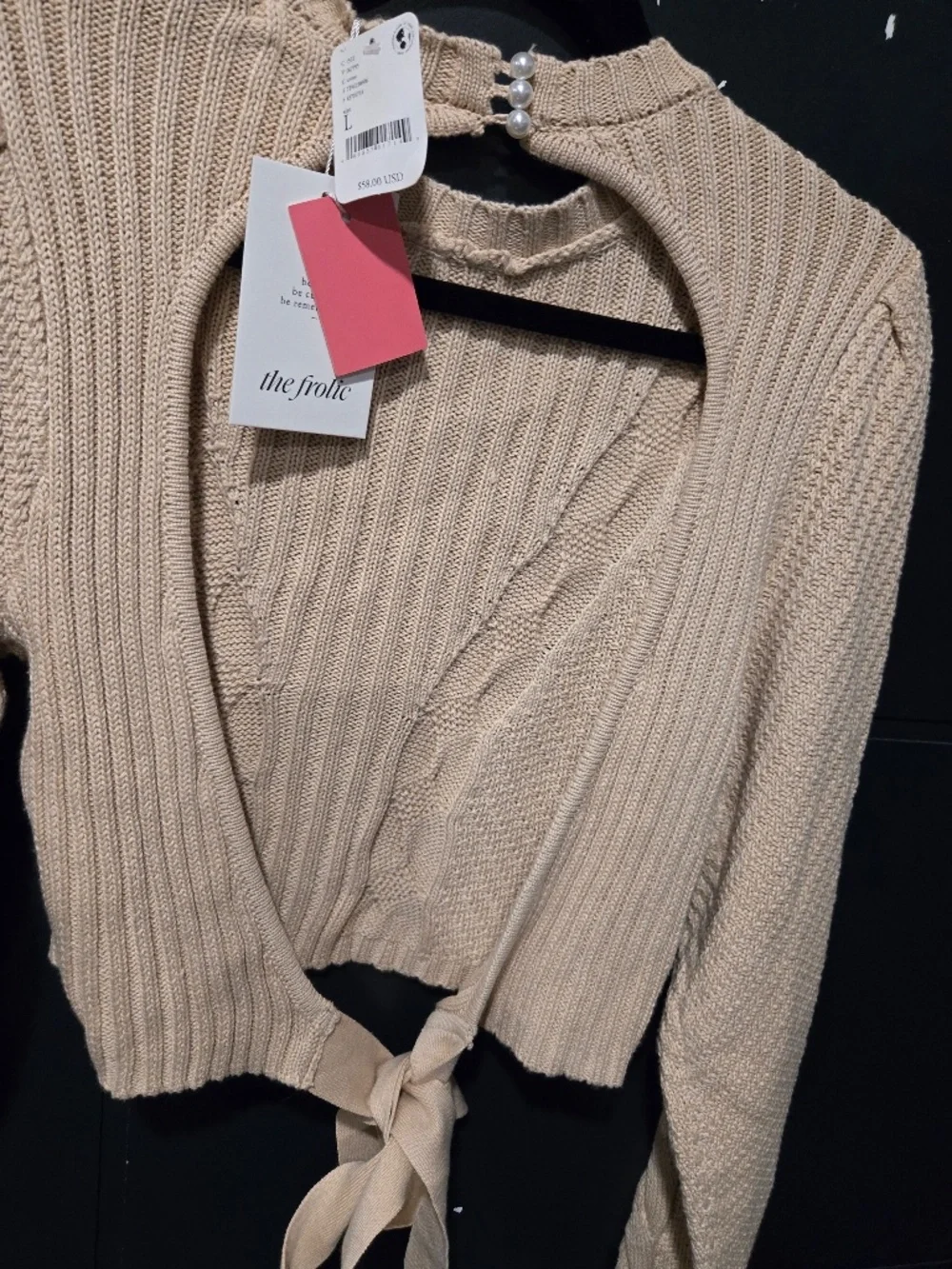 Free people cropped open tie back sweater L NWT Tan